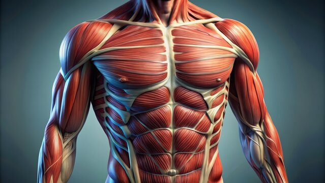 Detailed illustration of human torso muscles showcasing abdominal external oblique muscle anatomy with labeled layers of muscular structure exposed.