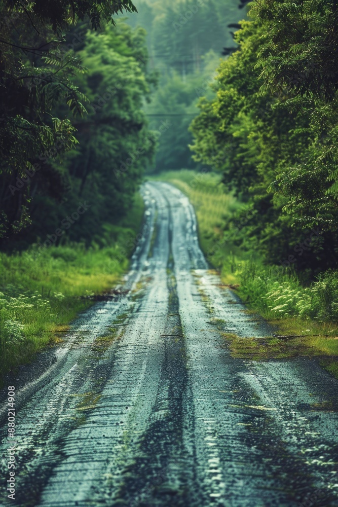 Poster a scenic view of a wet road surrounded by trees in a forest