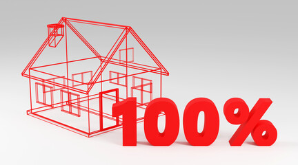 Inscription red 100 percent on grey podium, soft light, smooth background, 3d rendering