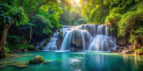 Naklejka premium Serene jungle waterfall with water flowing gracefully , nature, landscape, waterfall, green, mountains, lake, serene, peaceful