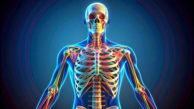 Colorful 3D animated illustration of human axial skeleton showcasing bones and joints in detailed anatomical structure rotation sequence.