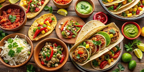Fototapeta premium Variety of delicious Mexican dishes with tacos, burritos, and quesadillas on the table, Mexican food, dishes, cuisine