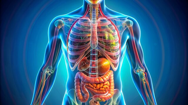 Colorful 3D illustration of digestive system organs and processes unfolding like a machinery inside a transparent human torso model.