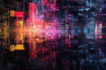 Abstract Digital Cityscape with Neon Lights