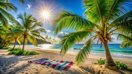 Seaside scenery with palm trees, tropical plants, and a beach towel laid out on a sun-kissed sandy beach landscape.