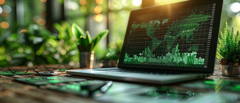 Green globe with stock chart on laptop screen, green business concept.