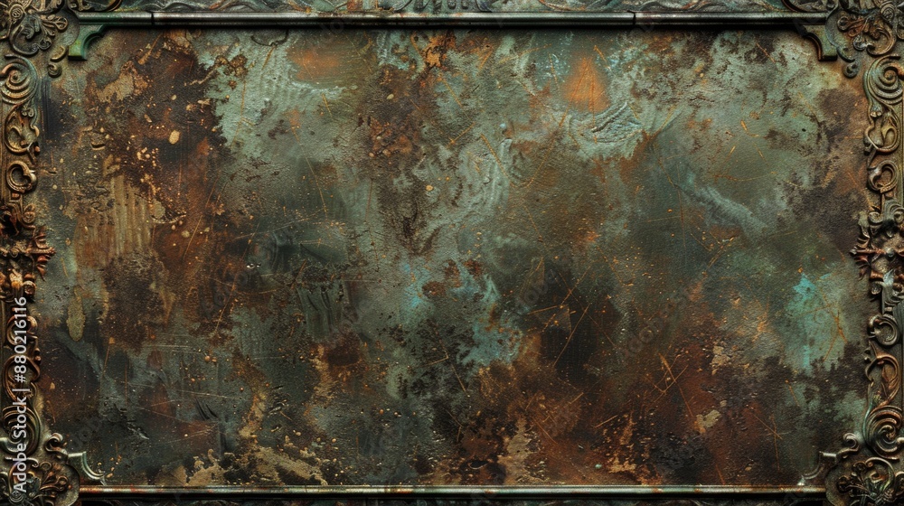 Poster a close-up of a rusty metal surface with a decorative frame, suitable for use in industrial or mecha