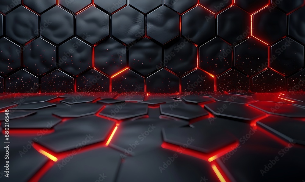 Wall mural Hexagonal carbon fiber with red luminous lines and highlights background