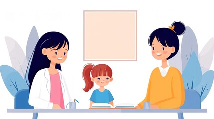 A doctor, a child, and a parent in a consultation room, with space for text