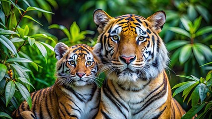 Fototapeta premium Tiger mother and cub in the jungle, displaying their deep bond and attentiveness amidst lush foliage, Tiger, mother, cub