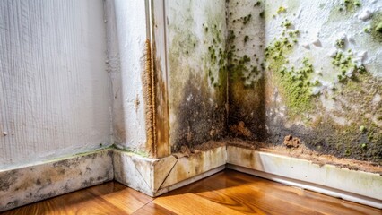 Close-up of filthy corner with toxic mold and fungal bacteria growing on damp wall near door due to poor ventilation.