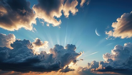 Dramatic Sunset Sky with Clouds and Moon.
