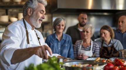 Middle-Aged Group Enthusiastically Observing Chef's Cooking Demonstration in Professional Kitchen