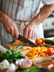 Close-Up of Middle-Aged Person Chopping Vegetables in Private Cooking Class