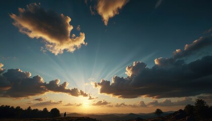 Silhouette of a Person at Sunset with Sun Rays.