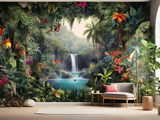A wallpaper that immerses you in a dense tropical jungle, with vibrant foliage, exotic animals, and hidden waterfalls, forest
