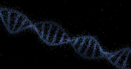 Dna, pattern and spiral science molecule in studio for medical research for healthcare. Virus, particles and digital abstract atom for genetic cells development structure by black background. - Powered by Adobe