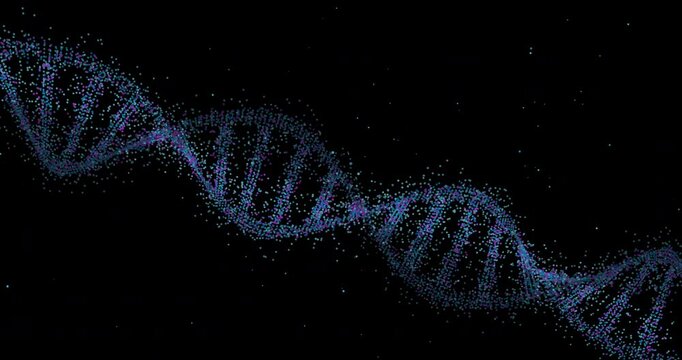 Dna, pattern and spiral science molecule in studio for medical research for healthcare. Virus, particles and digital abstract atom for genetic cells development structure by black background. - Powered by Adobe