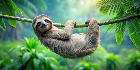 Naklejka premium Sloth hanging lazily from tree branch in lush rainforest , sloth, rainforest, tree, lazy, hanging, wildlife, nature