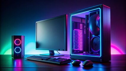 Neon-lit gaming setup with keyboard, mouse, and high-tech computer tower illuminated amidst dark background, vertical frame.