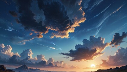 Dramatic Sunset Sky with Clouds and Mountains.