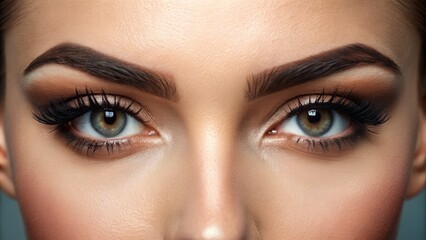 Naklejka premium Microbladed eyebrows with perfectly shaped arches and subtle shading, magnified on a soft focus background, showcasing precise cosmetic artistry.