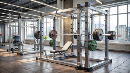 isolating focus on metallic frame of heavy-duty weightlifting equipment in a clean, well-maintained, modern fitness center atmosphere setting.