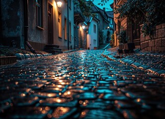 Charming old street in the city at night with wet cobblestones