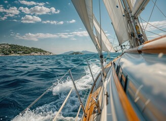 Fototapeta premium Sailing yacht with white sails cruising in the open sea