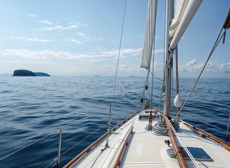 Sailing yacht with white sails in the serene sea with distant island