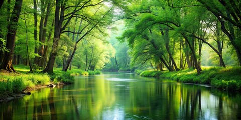 Obraz premium Serene river flowing through a lush green forest, nature, landscape, scenery, tranquil, peaceful, trees, foliage