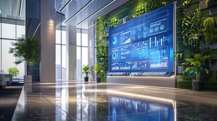 A corporate lobby with a large, interactive touch screen wall displaying company achievements, flanked by a green wall with evergreen plants