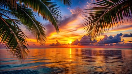 Fototapeta premium Vibrant tropical sunset over calm ocean with palm leaves silhouettes, tropical, sunset, ocean, calm, vibrant, colorful, sky