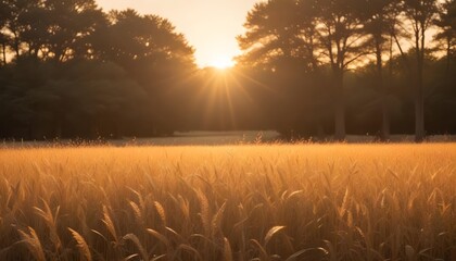 A field of golden wheat illuminated by the setting sun. Silhouetted trees line the horizon