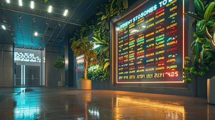 A corporate lobby with a large, interactive LED ticker displaying news and stock prices, flanked by a green wall with business-themed plants like money trees
