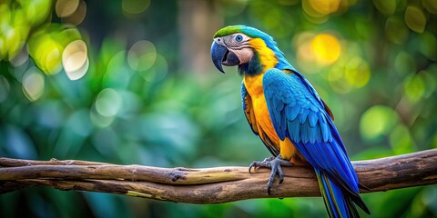 Obraz premium Vibrant blue and gold macaw perched on a branch , tropical bird, colorful feathers, wildlife, exotic, parrot, vibrant