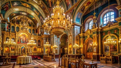 Obraz premium Empty pews and ornate chandeliers surrounded by intricate golden decorations and stunning icons create an eerie atmosphere in the Orthodox church