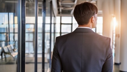 A young Asian men professional in a suit; walking into a modern glass office; very confident and determined