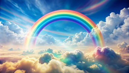 Vibrant colorful arc of rainbow stretches across soft white puffy clouds in a whimsical children's background with pastel hues.