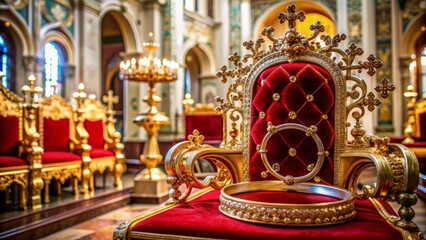 Elegant throne adorned with wedding rings, crowns, and a cross, set amidst ornate church decor, symbolizing sacred matrimony and nobility.