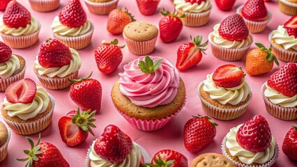 Vibrant pink background featuring repeating homemade cookies with strawberries and cream, accompanied by a majestic cupcake with oversized strawberry.
