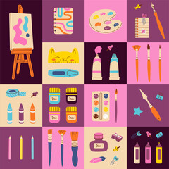Seamless pattern with art supplies with trendy geometric style. Art supply background. Paint tubes, pencil, watercolor, crayons, color palette, brushes. Vector hand drawn flat illustration.
