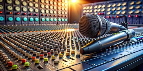 Sound mixer board and microphone setup for recording studio or live performance