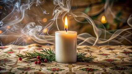 Serenely lit white candle flame on decorative tablecloth, elegant centerpiece for holiday or religious celebration, with smoke remnants lingering.