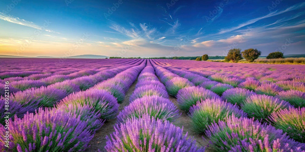 Sticker Tranquil purple levander field under a clear sky , lavender, landscape, nature, peaceful, serene, flowers, countryside, beauty