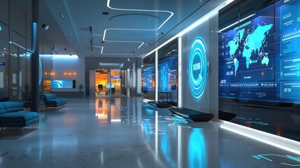 Fototapeta premium A high-tech office lobby with interactive digital displays and dynamic lighting that changes throughout the day