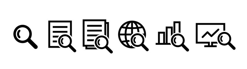 Search, data analysis and research icon set. Magnifying glass, documents, earth, graph, computer, etc.