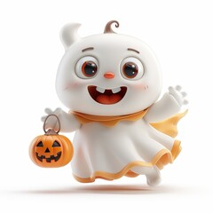 Fototapeta premium Cute animated ghost character dressed for Halloween holding a pumpkin lantern, ready for a spooky celebration.