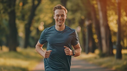 Fototapeta premium Smiling Man Running in the Park with a Watch on a Bright Day, Outdoor Fitness and Healthy Lifestyle Concept