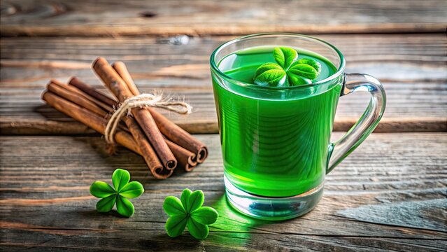 St. Patrick's festive elixir a vibrant green clover and cinnamon drink , St. Patrick's Day, festive, elixir, green, clover